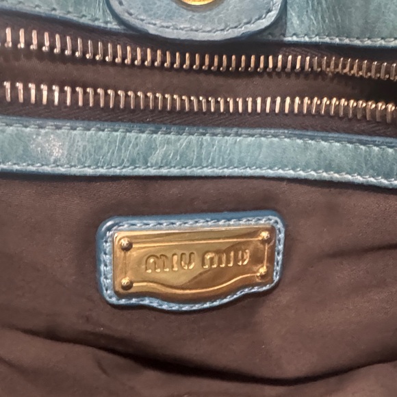 Miu Miu Vitello Lux Gathered Leather Satchel – Teal Blue with Gold Hardware - Picture 12 of 13